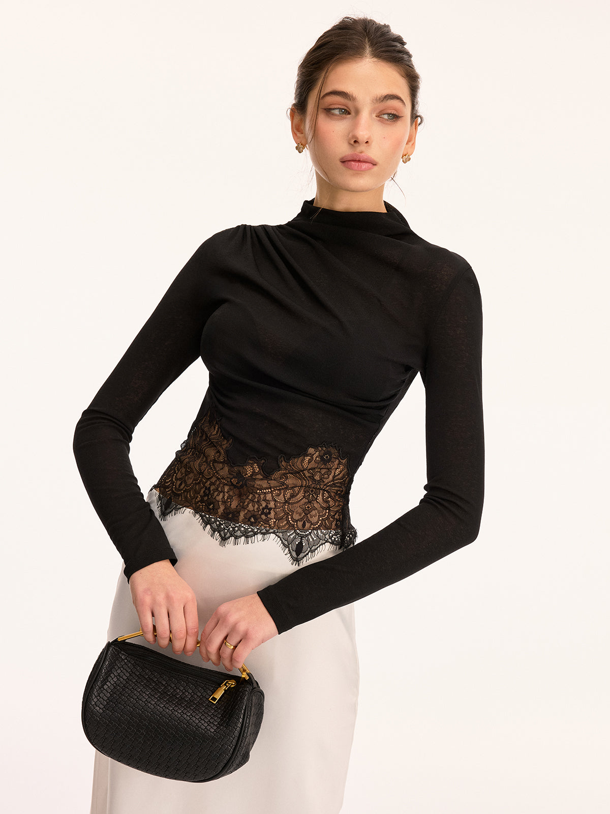 Lace Panel High Neck Long Sleeve Knit Top