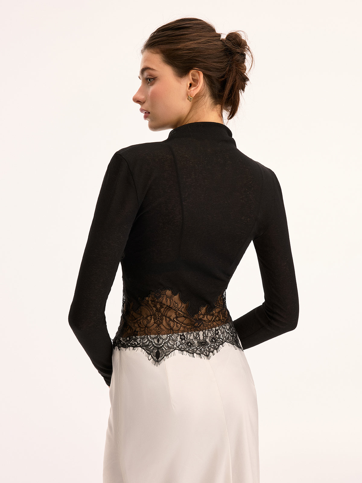 Lace Panel High Neck Long Sleeve Knit Top
