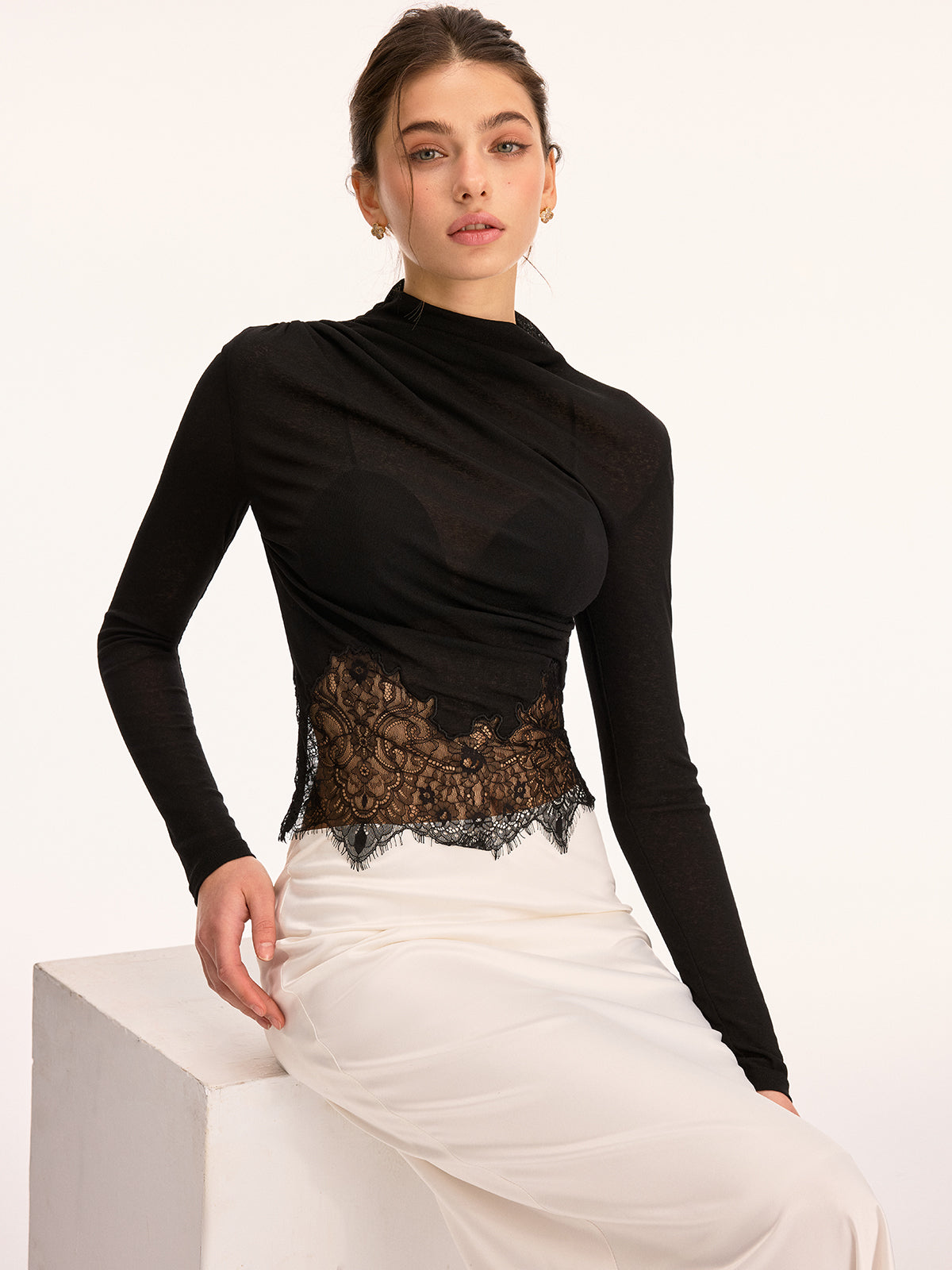 Lace Panel High Neck Long Sleeve Knit Top