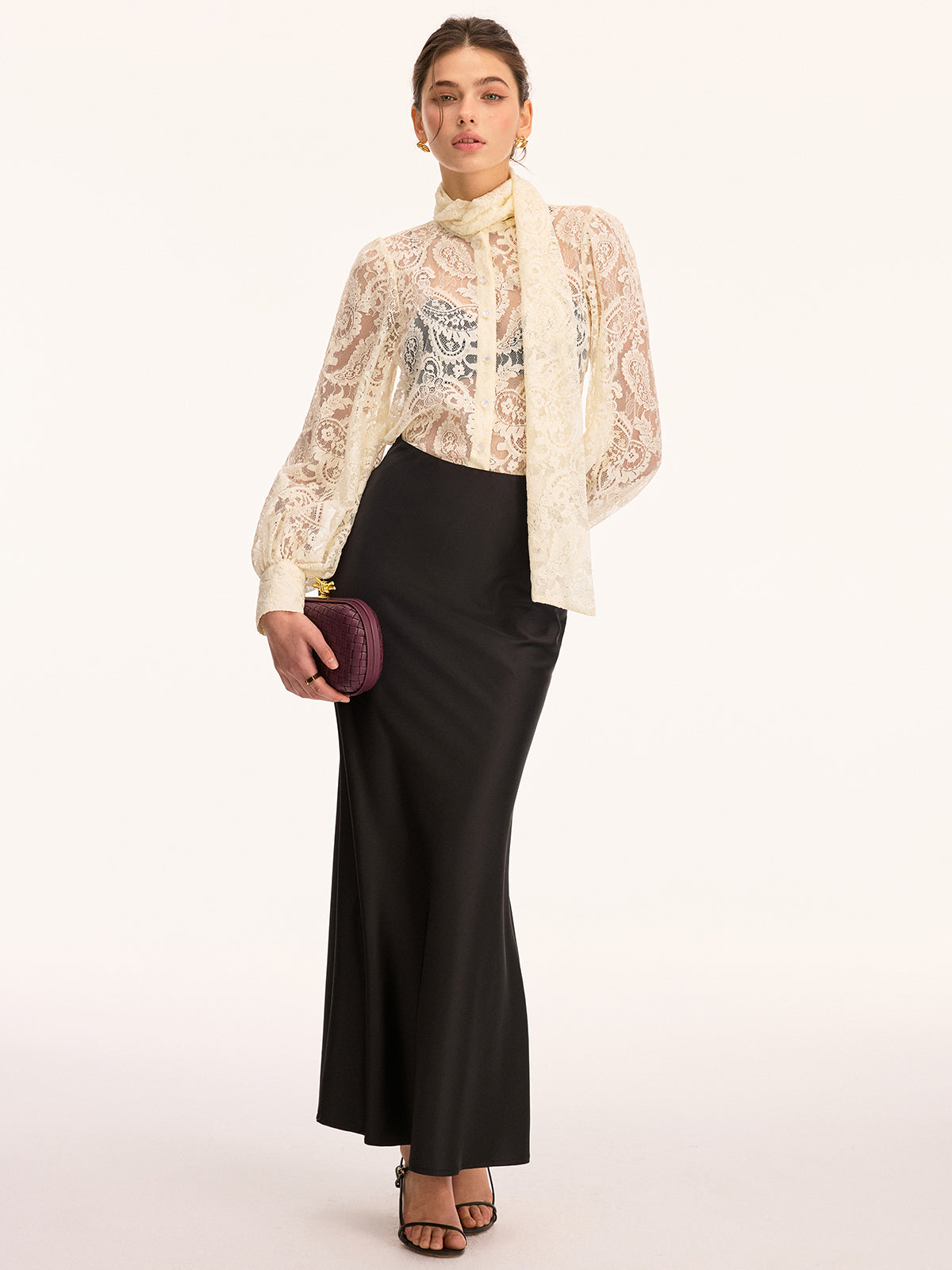 Scarf Detai Sheer Lace Long Sleeve Blouse