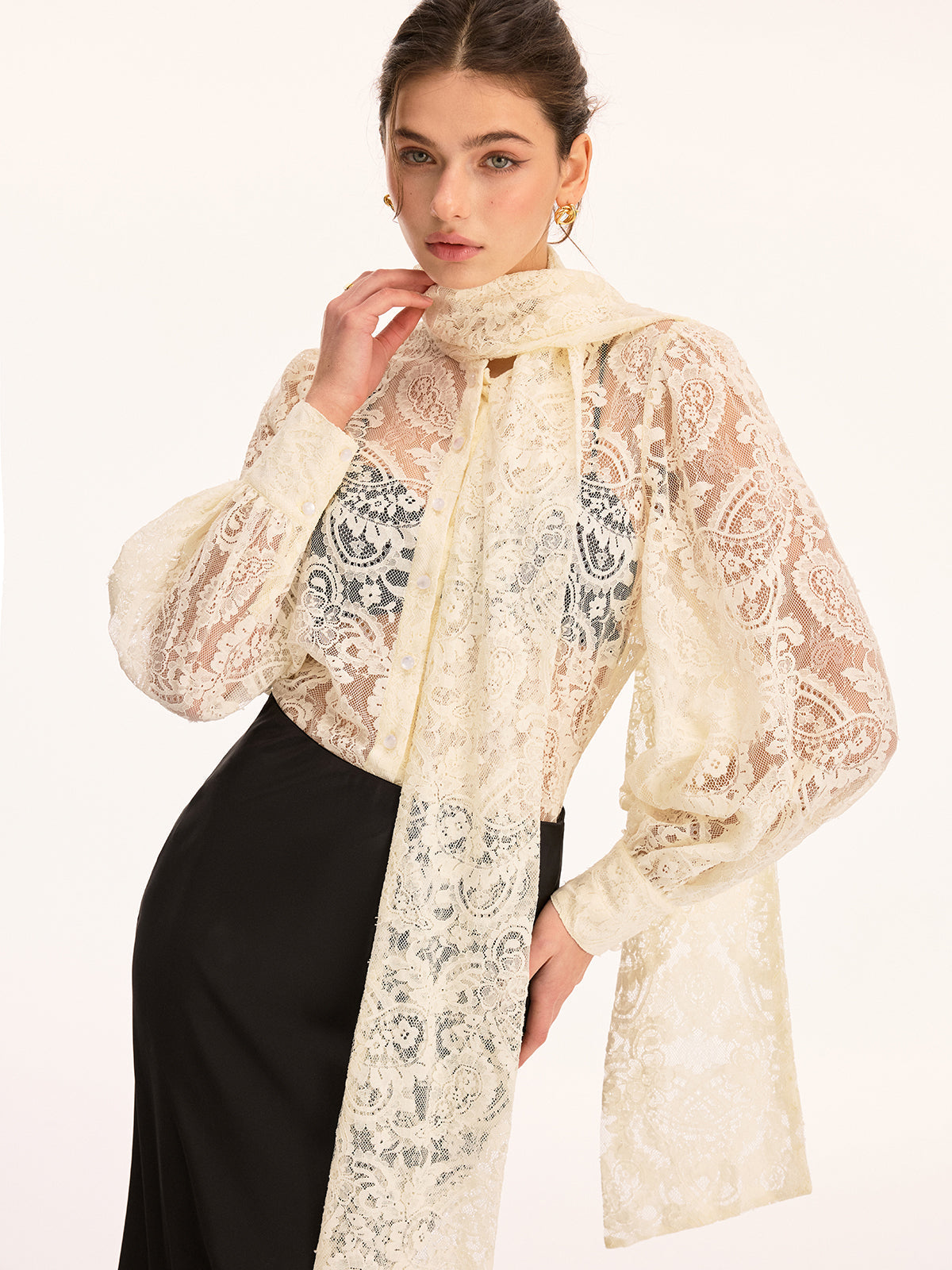 Scarf Detai Sheer Lace Long Sleeve Blouse