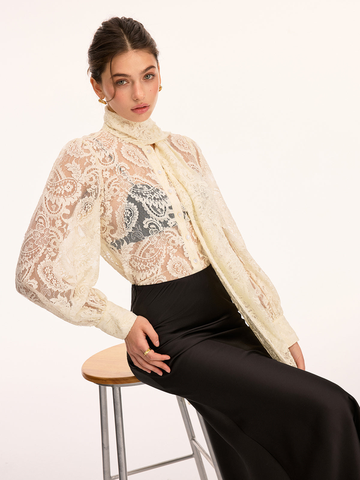 Scarf Detai Sheer Lace Long Sleeve Blouse