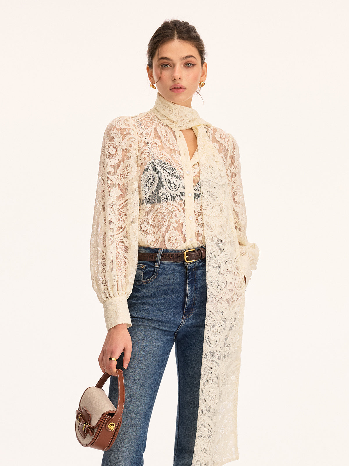 Scarf Detai Sheer Lace Long Sleeve Blouse