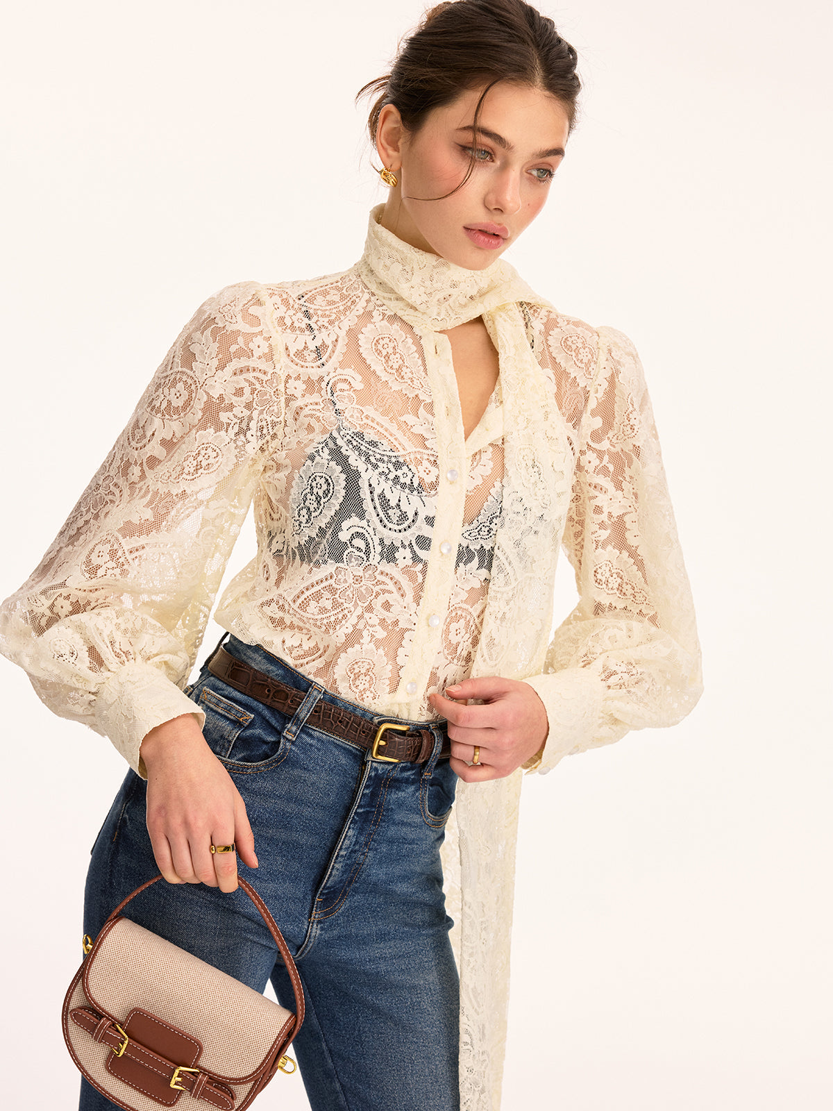 Scarf Detai Sheer Lace Long Sleeve Blouse