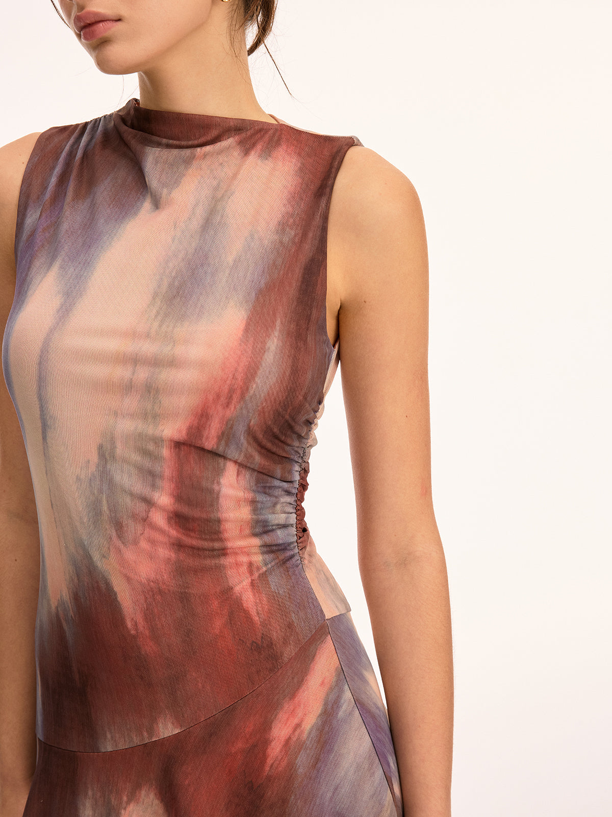 Tie Dye Ruched Sleeveless Midi Dress