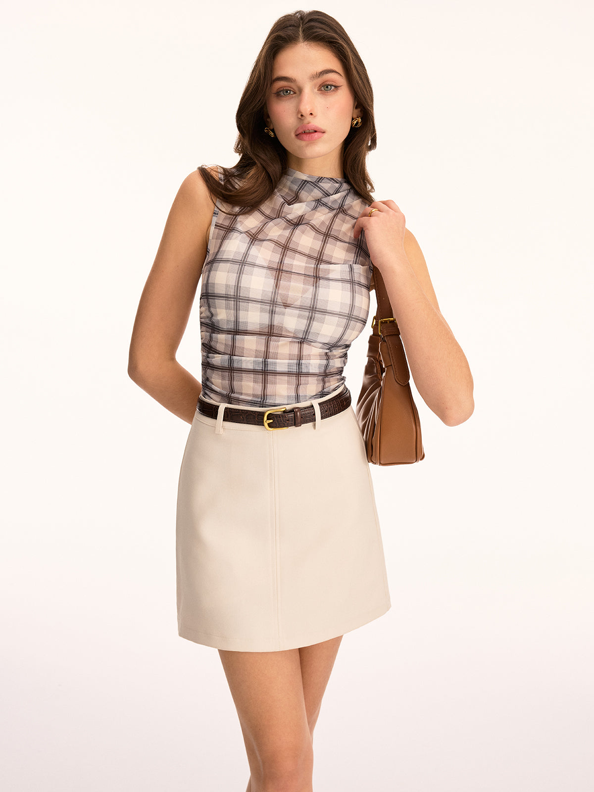 Plaid Sheer Mock Neck Sleeveless Tank Top