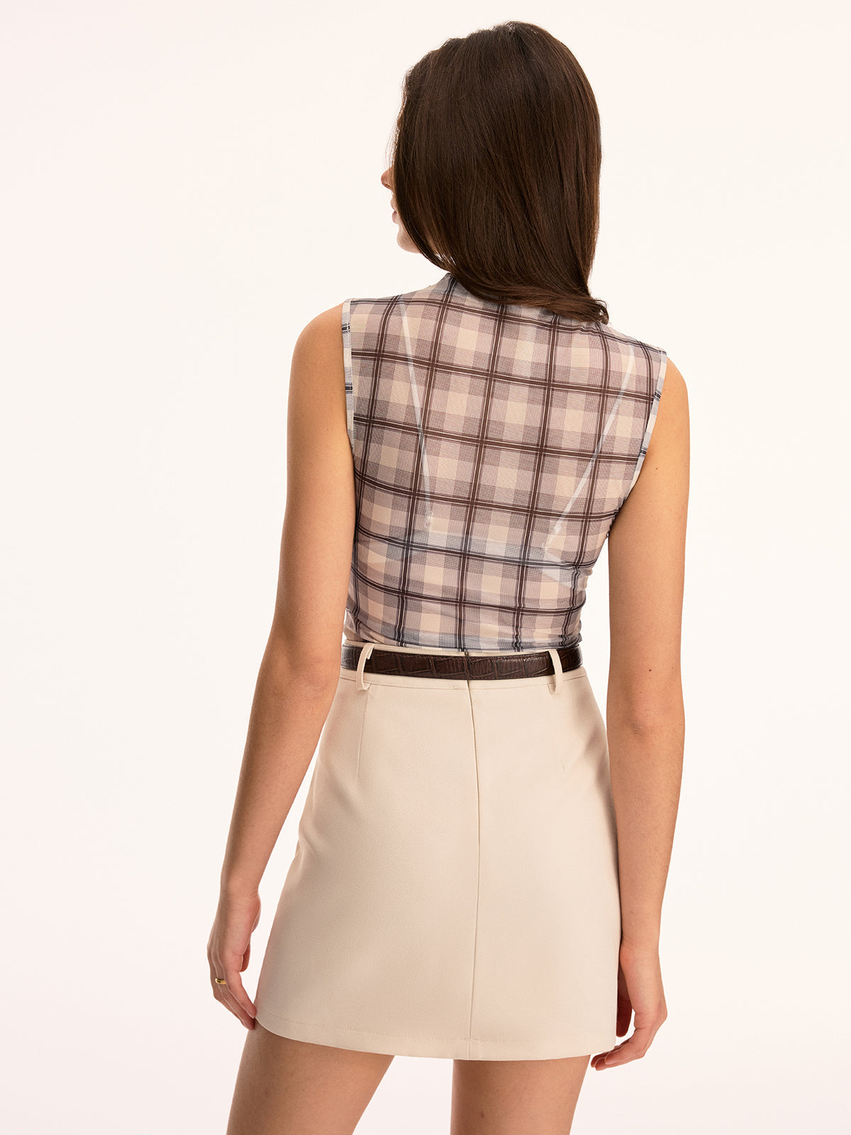Plaid Sheer Mock Neck Sleeveless Tank Top