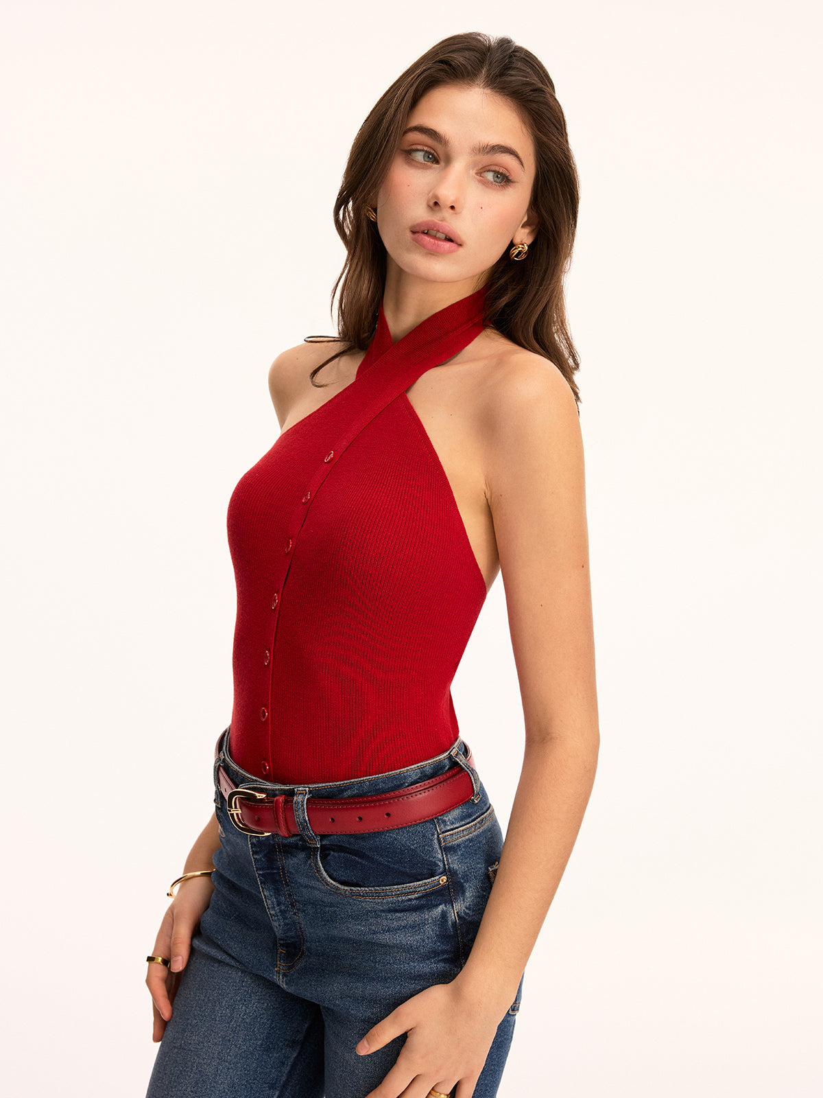 Halter Neck Button Front Knit Top
