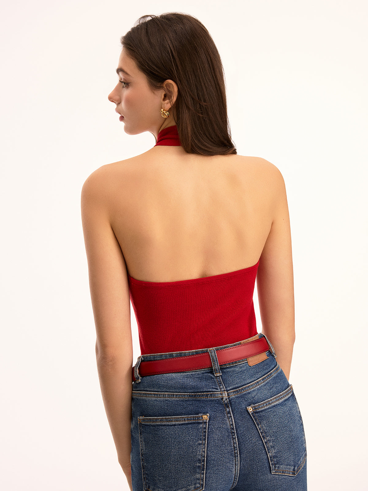 Halter Neck Button Front Knit Top