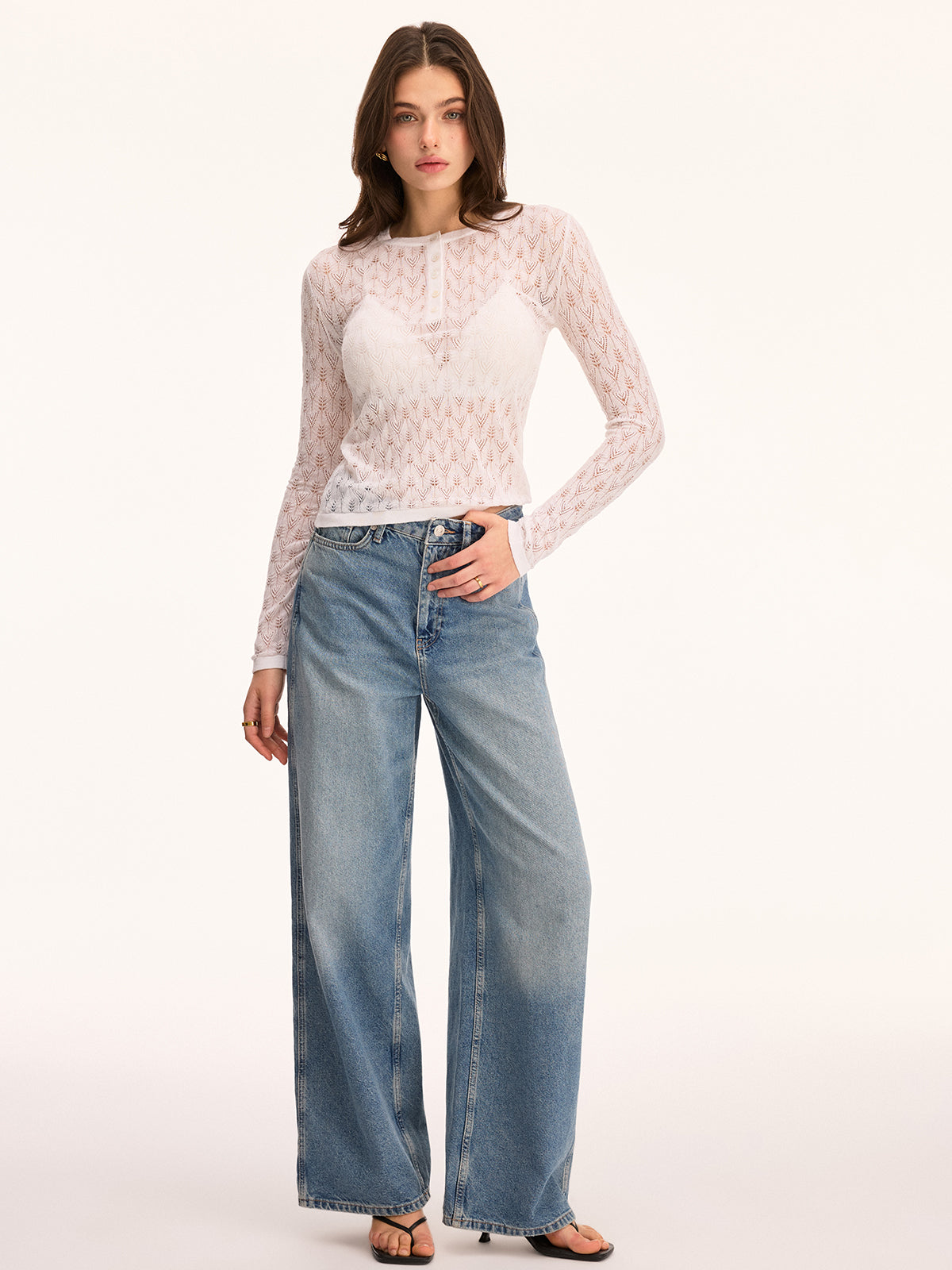Haut Henley en tricot ajouré à manches longues et transparent