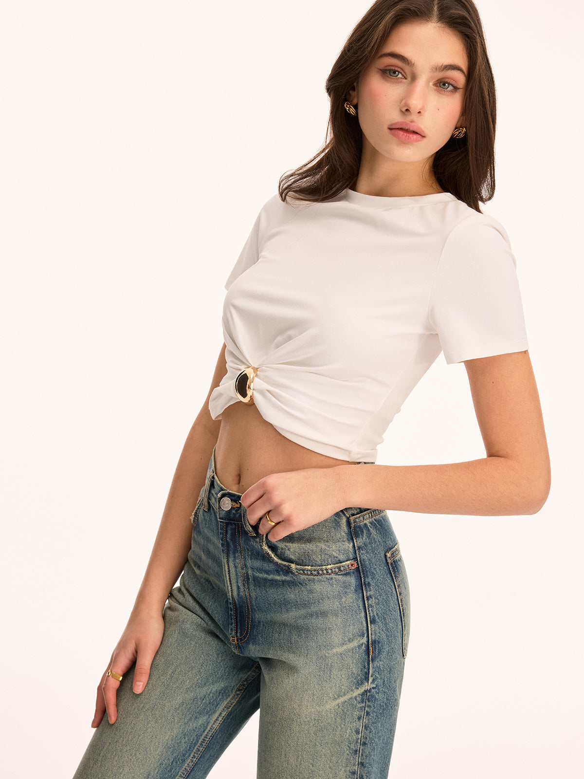 Metal Buckle Twist Front Crop Top