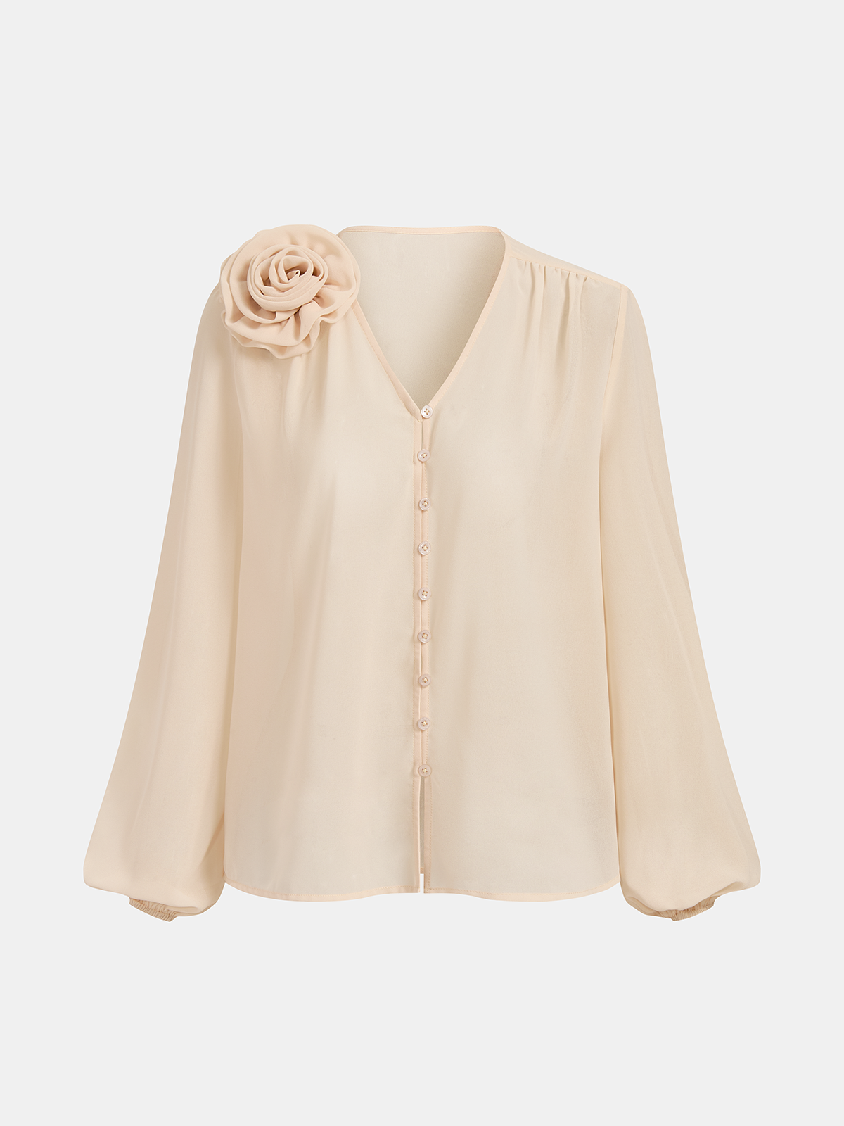 V-Neck 3D Flower Puff Sleeve Blouse