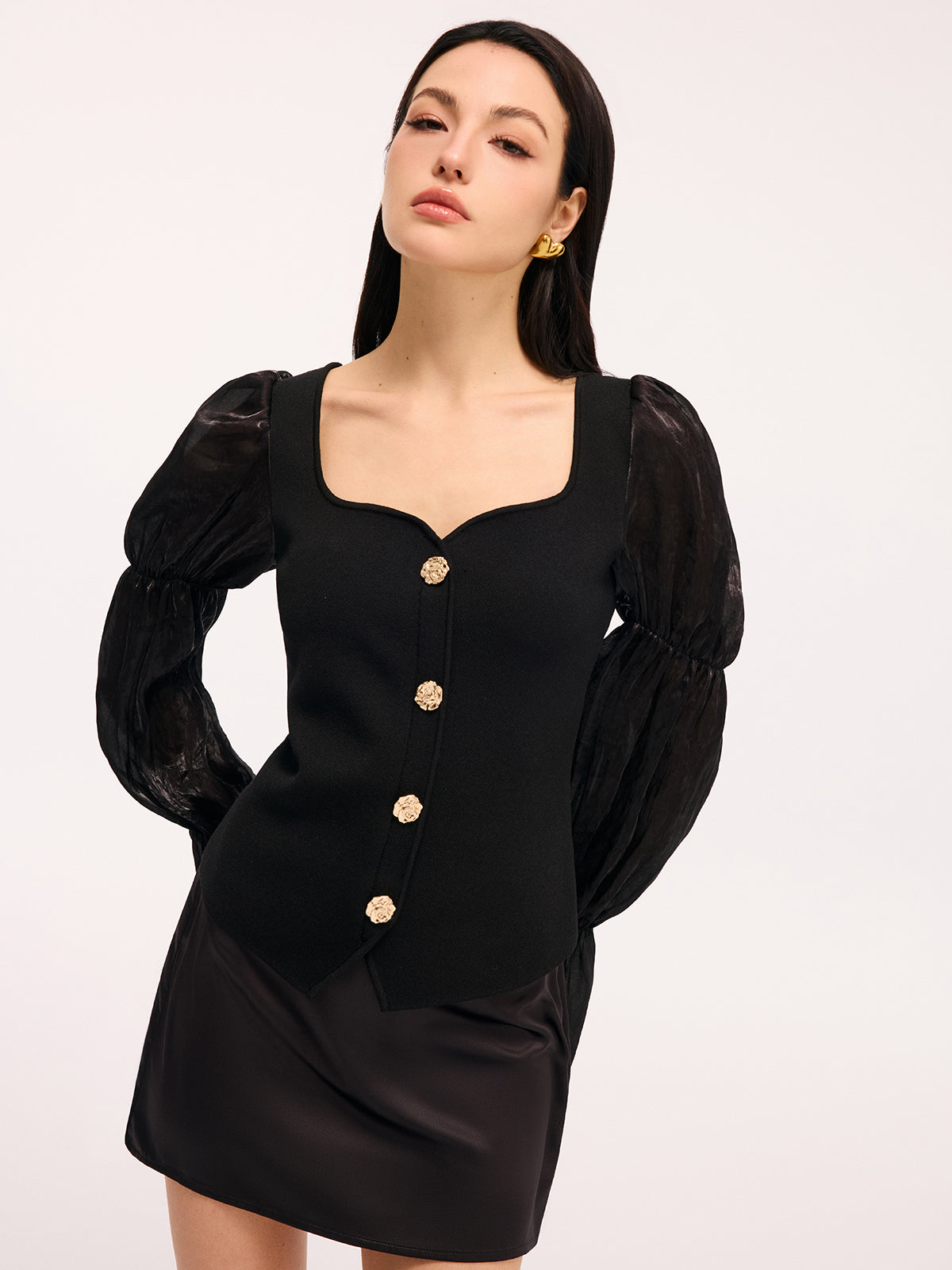 Metal Button Puff Sleeve Knit Square Neck Top