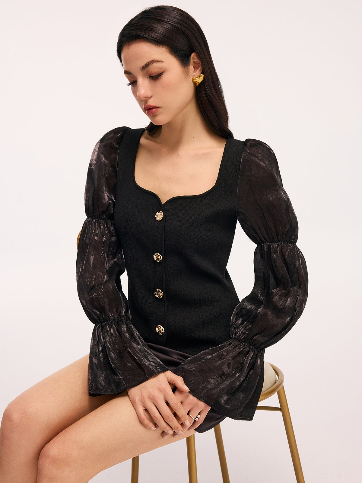 Metal Button Puff Sleeve Knit Square Neck Top