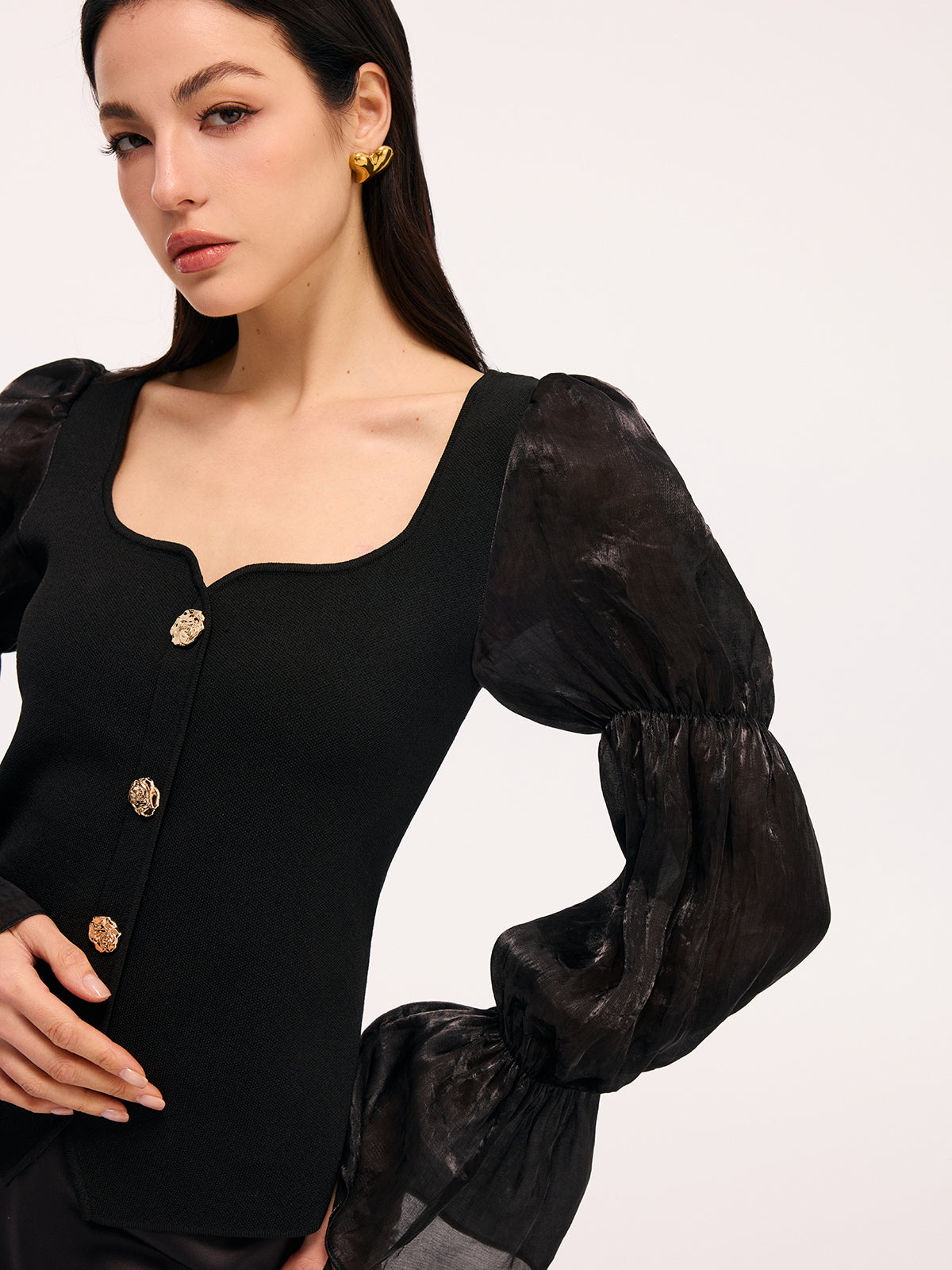 Metal Button Puff Sleeve Knit Square Neck Top