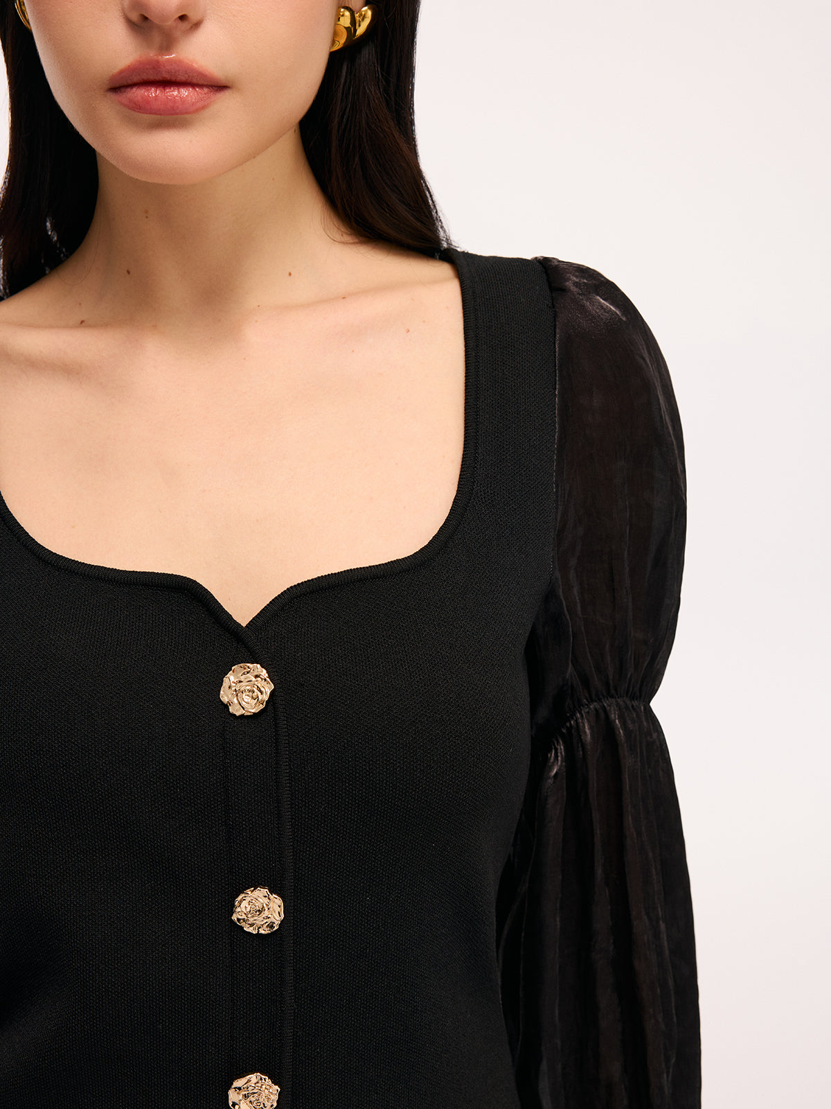 Metal Button Puff Sleeve Knit Square Neck Top