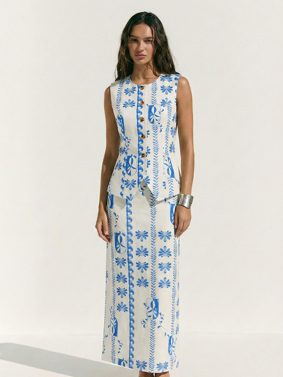 Printed Buttoned Vest & Maxi Skirt Set