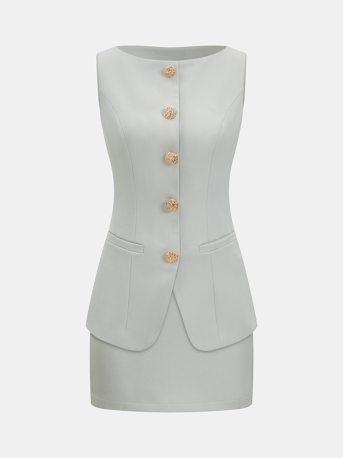 Metal Button Sleeveless Vest & Mini Skirt Set