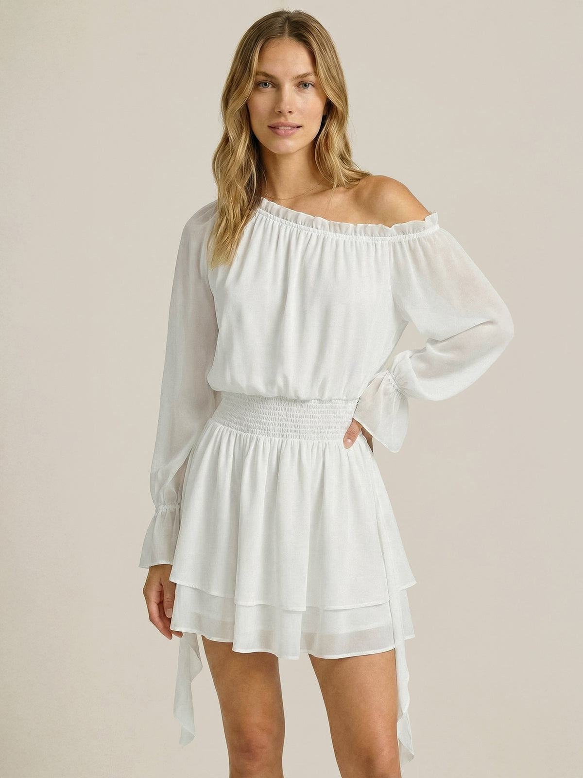 Off Shoulder Smocked Waist Layered Mini Dress