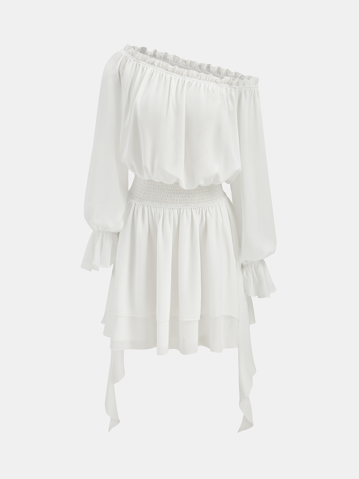 Off Shoulder Smocked Waist Layered Mini Dress