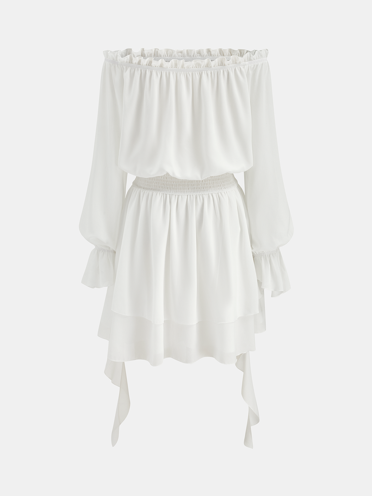 Off Shoulder Smocked Waist Layered Mini Dress