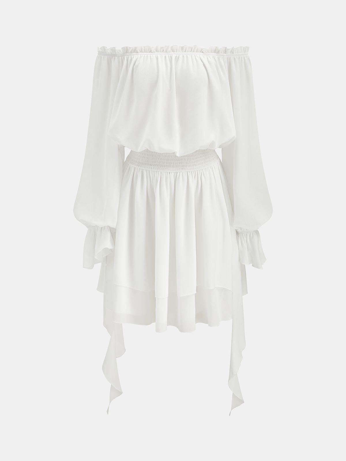 Off Shoulder Smocked Waist Layered Mini Dress