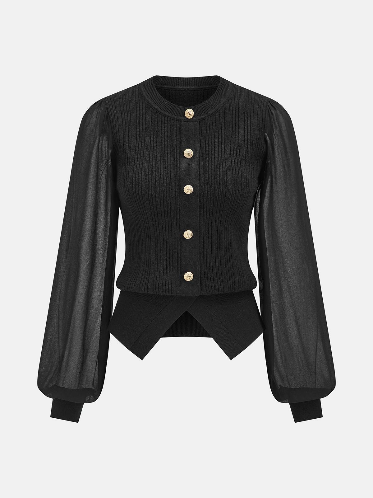 Cardigan en maille côtelée avec manches transparentes et boutons métalliques