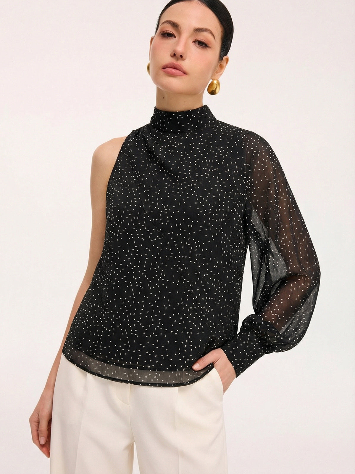 Polka Dot One Shoulder Sheer Mock Neck Blouse