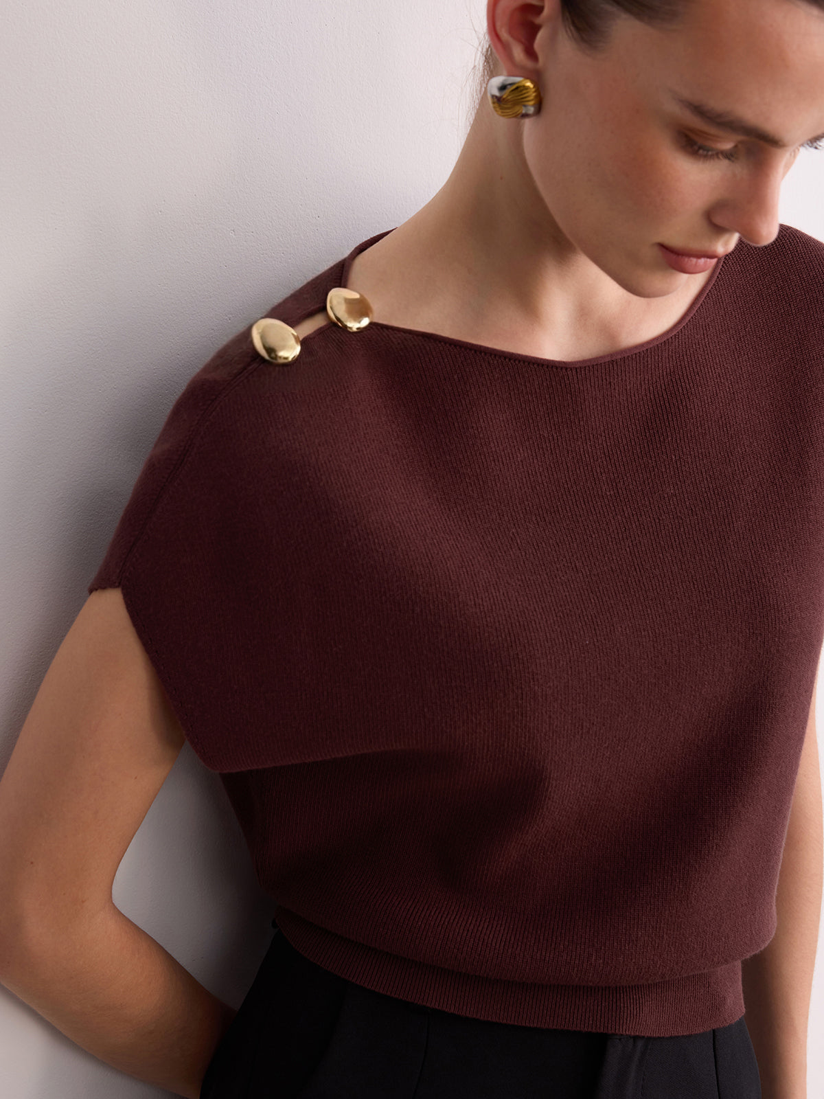 Metal Detail Batwing Sleeve Oversized Knit Top