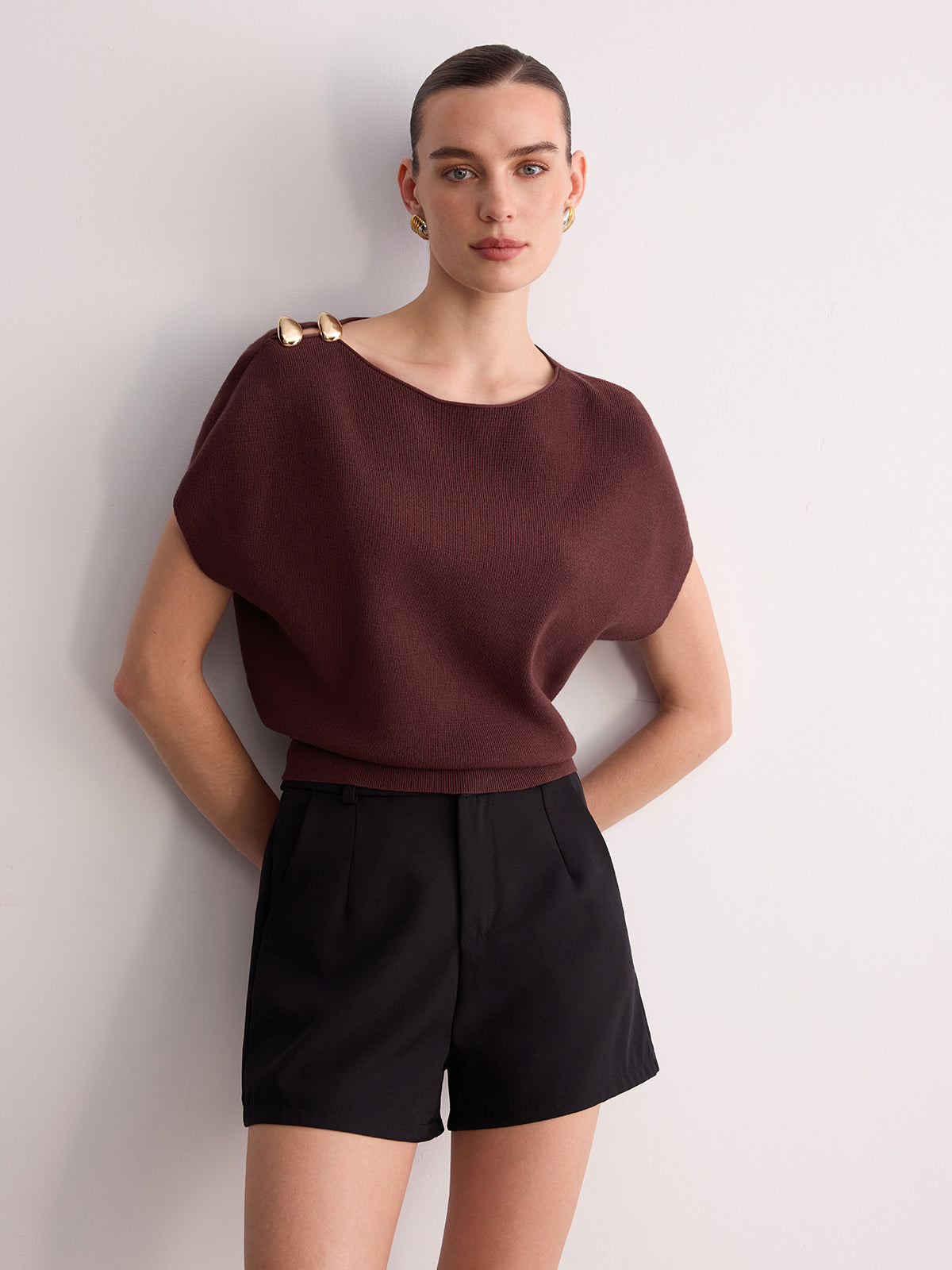 Metal Detail Batwing Sleeve Oversized Knit Top