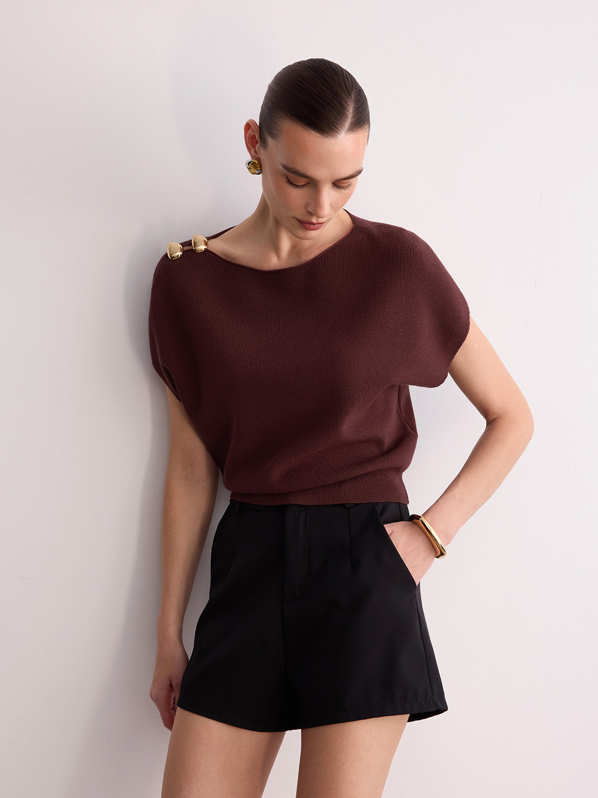 Metal Detail Batwing Sleeve Oversized Knit Top