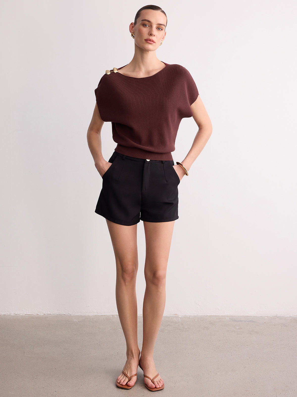 Metal Detail Batwing Sleeve Oversized Knit Top