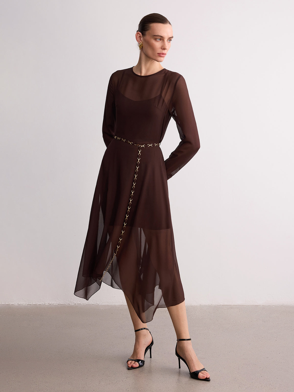 Belted Sheer Chiffon Long Sleeve Maxi Dress