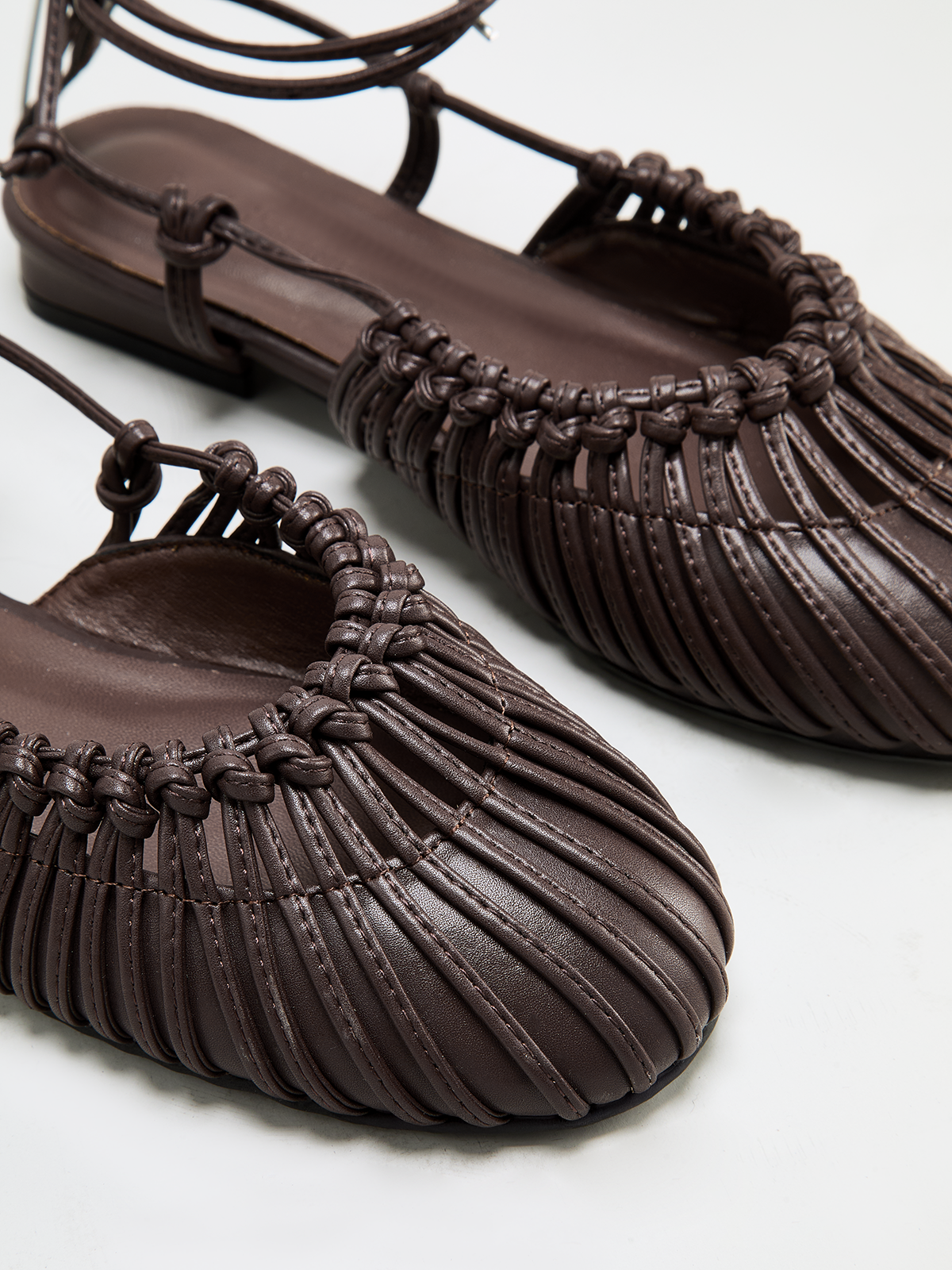 Leather Woven Lace-Up Flat Sandals