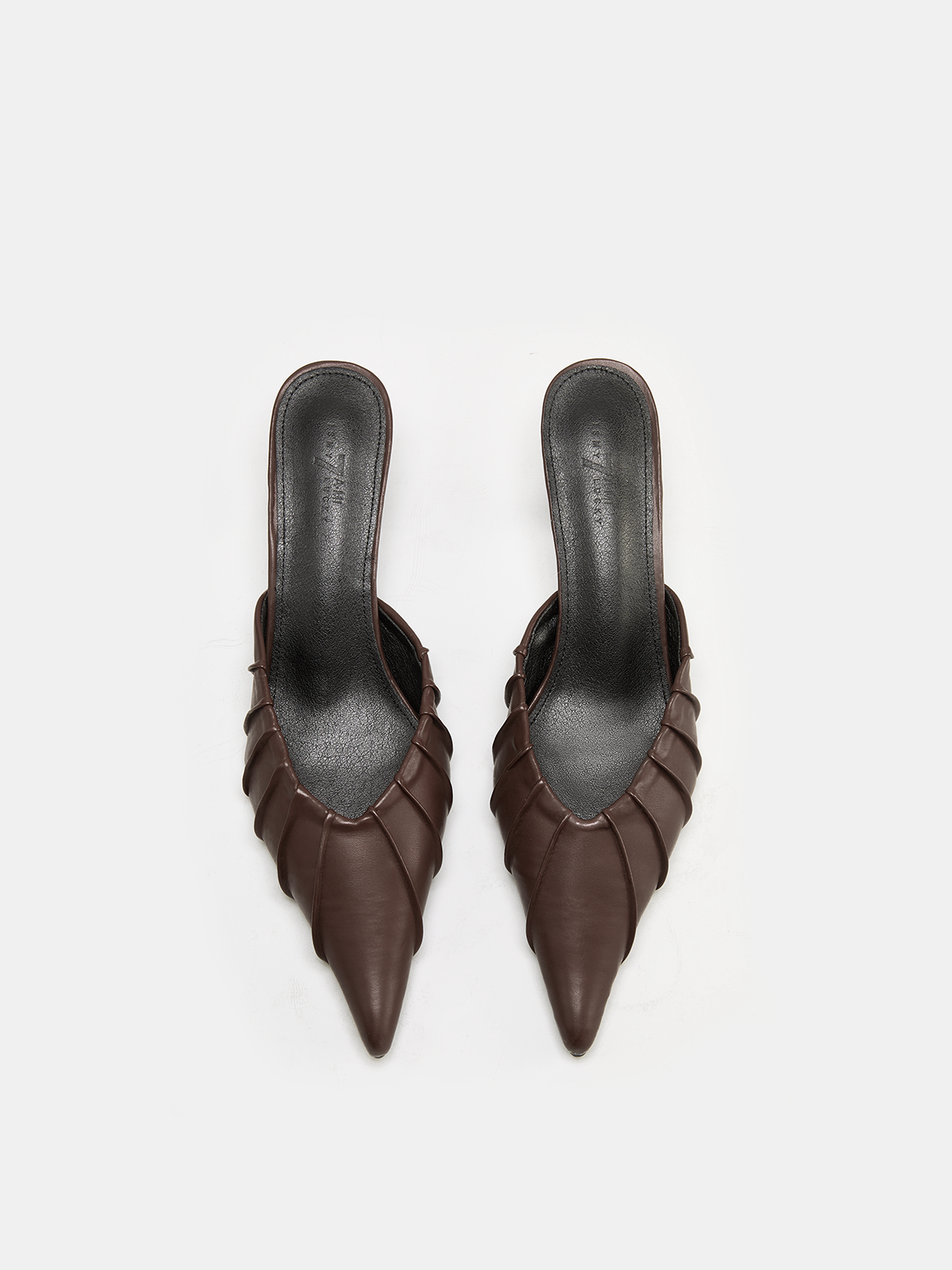 Ruched Vamp Detail Leather Pointed Toe Mules