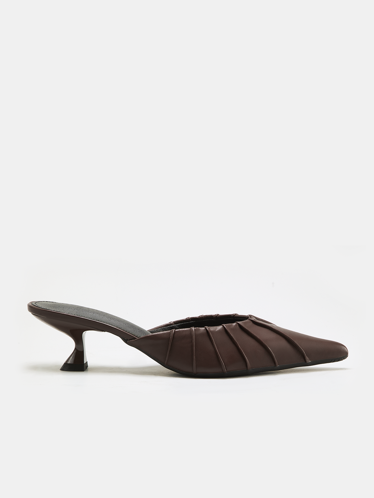 Ruched Vamp Detail Leather Pointed Toe Mules