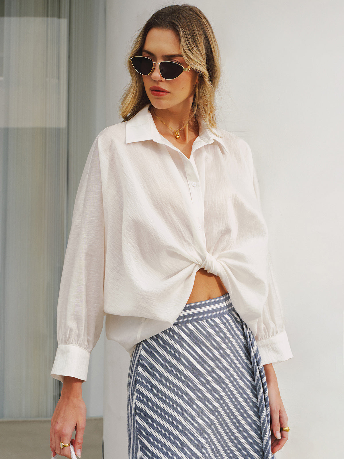 Twist Front Balloon Sleeve Button-Down Shirt