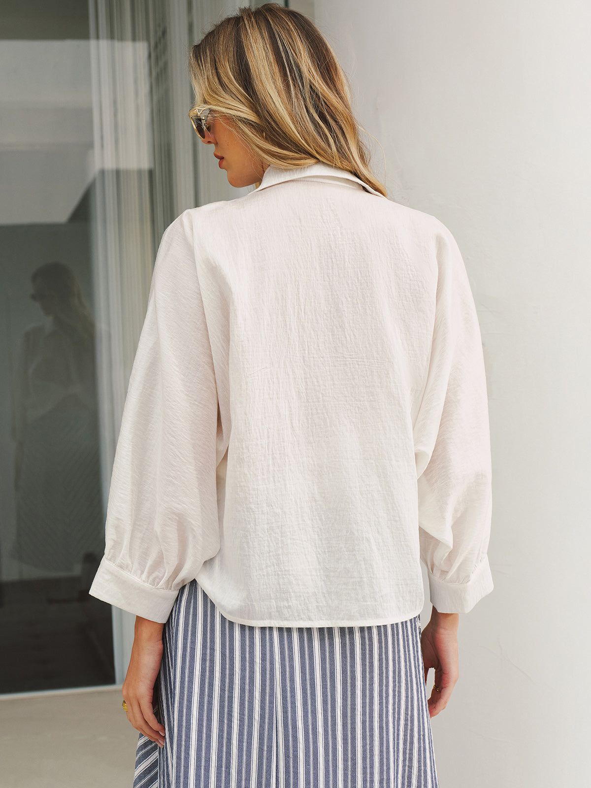 Twist Front Balloon Sleeve Button-Down Shirt