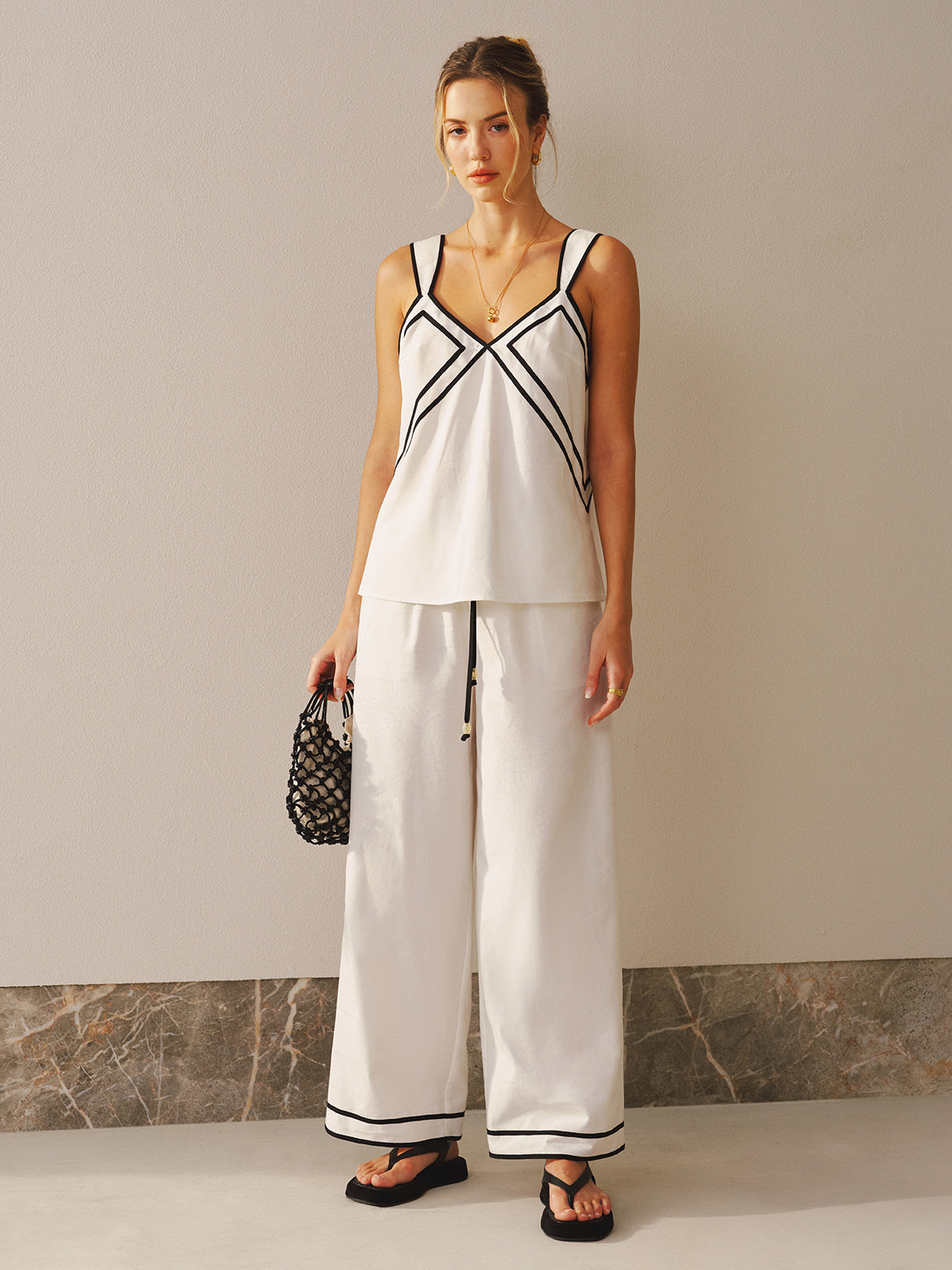 Contrast Trim Cami Top & Wide Leg Pants Set