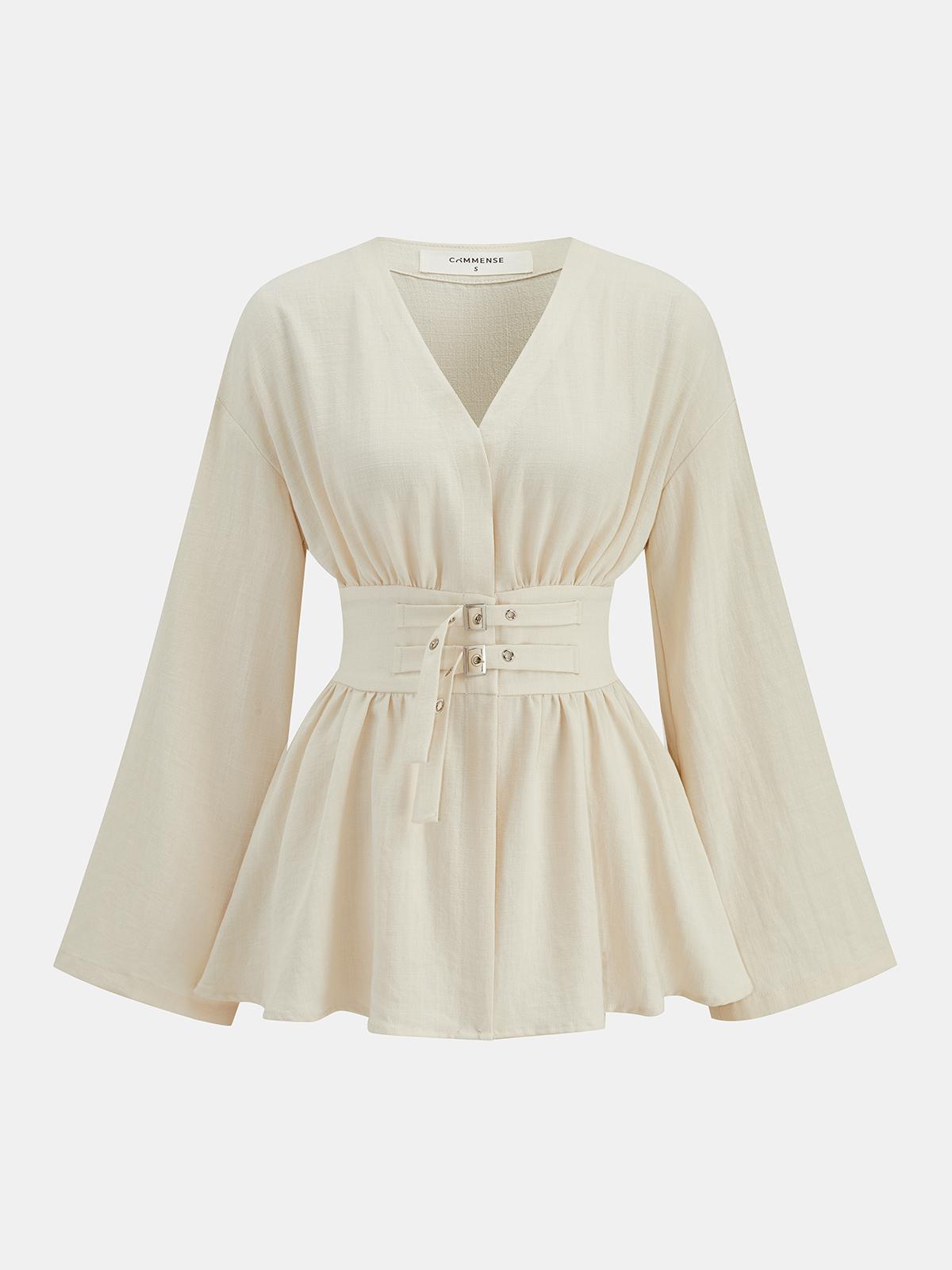 Cotton Blend Double-Buckle Peplum Blouse