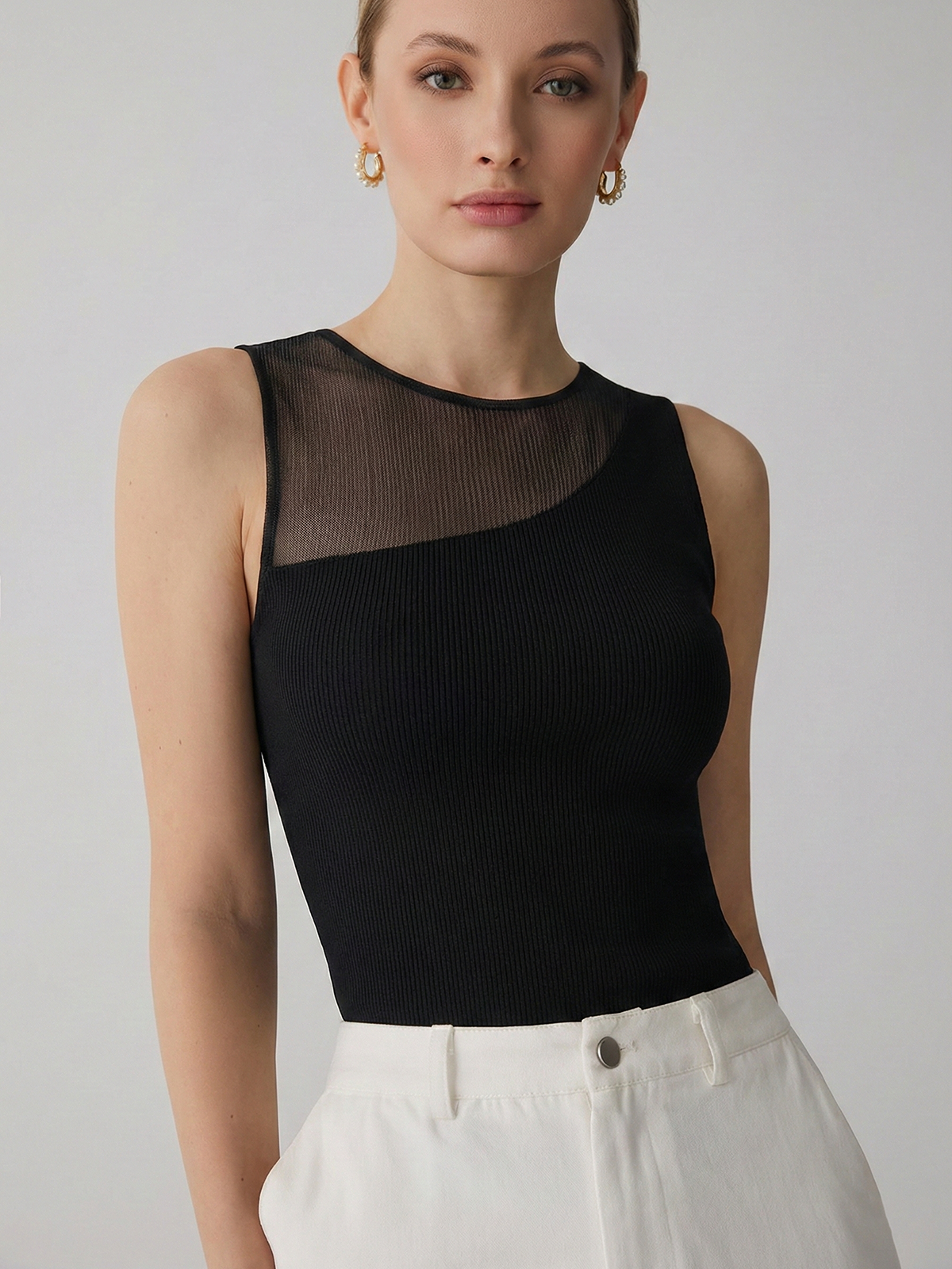 Asymmetrisches geripptes Mesh-Strick-Tanktop