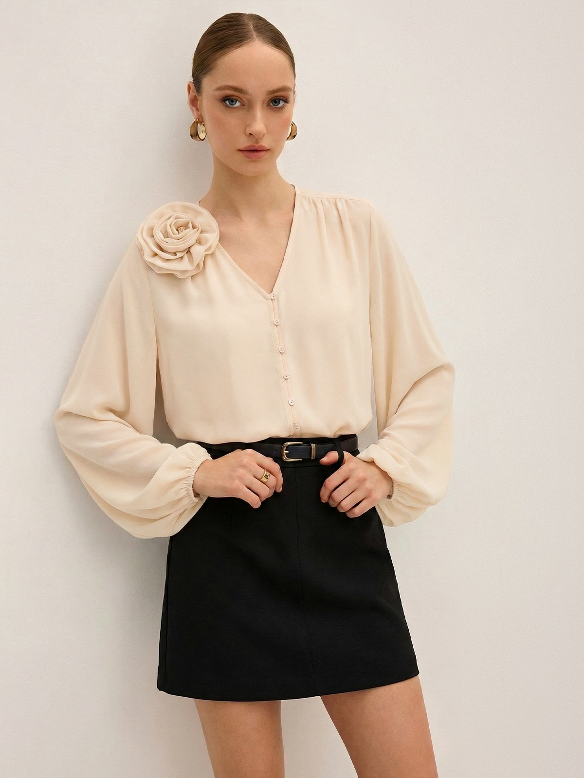 V-Neck 3D Flower Puff Sleeve Blouse