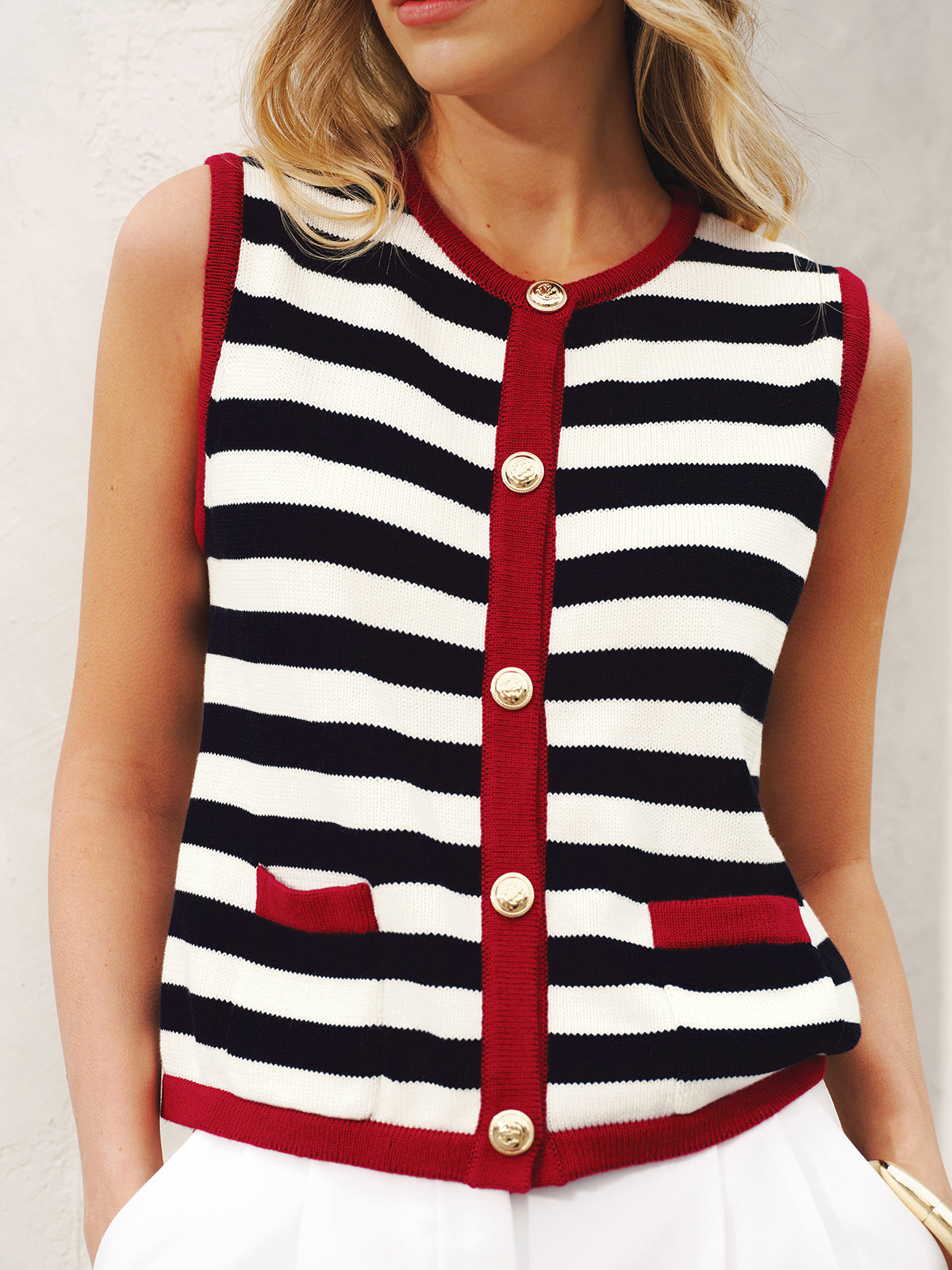 Striped Sleeveless Buttoned Sweater Vest