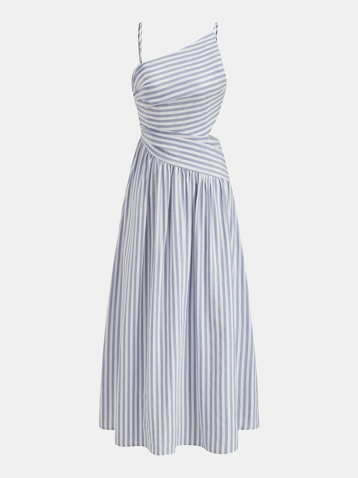 Robe longue asymétrique à fines bretelles découpée et rayée