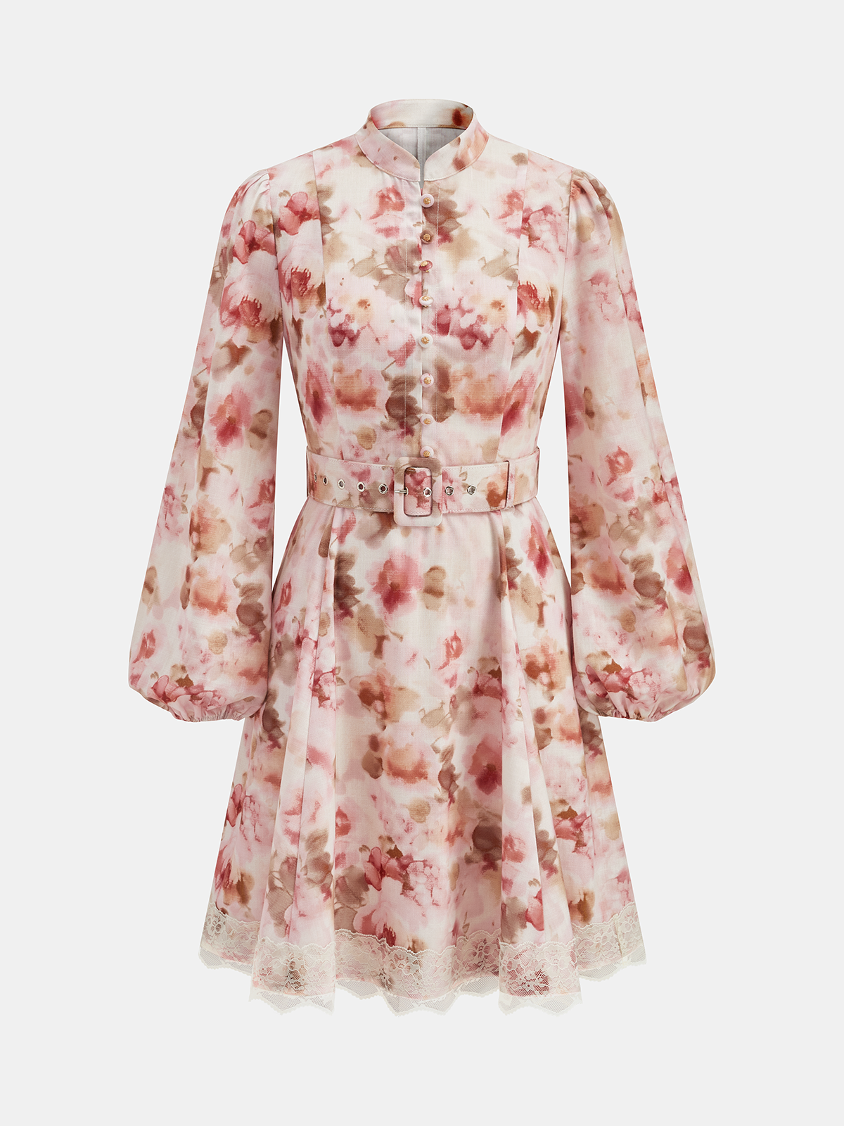 Floral Print Belted Lace Trim Mini Dress