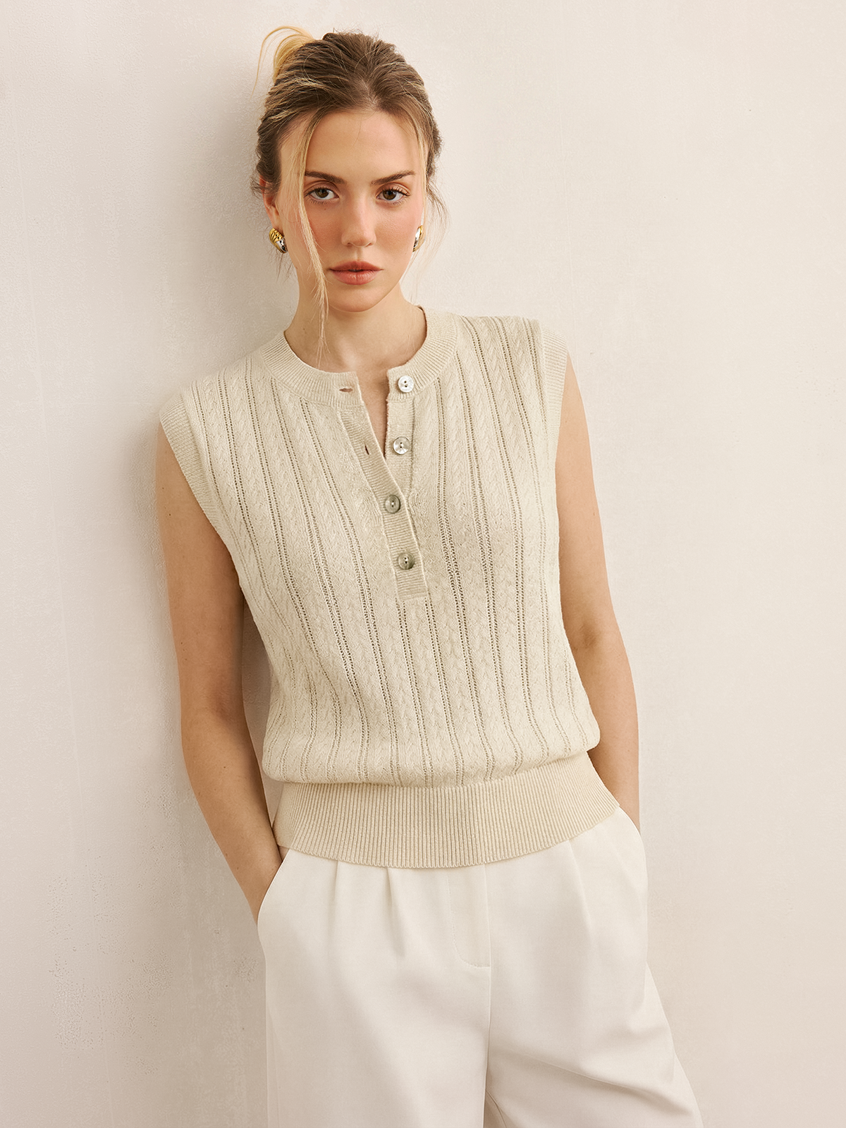 Cable Knit Sleeveless Henley Sweater Vest