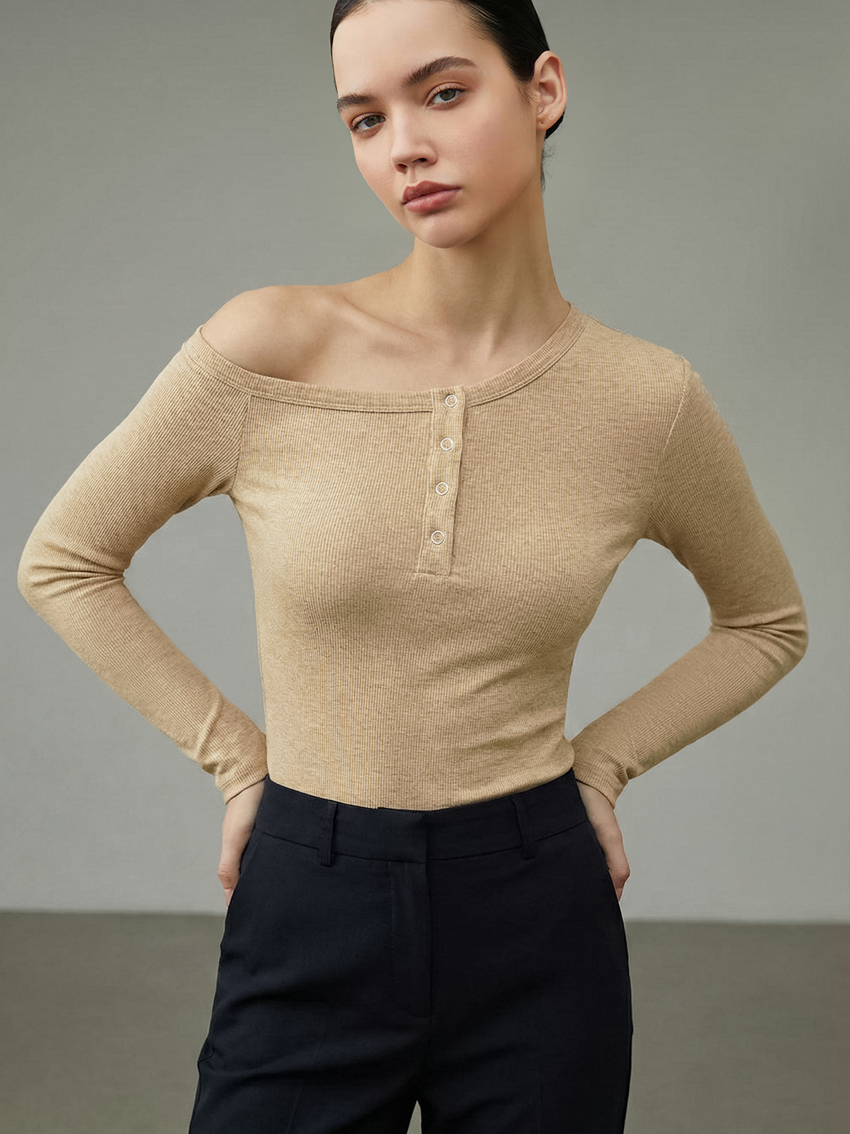 Asymmetrical Off-Shoulder Rib Knit Henley Top