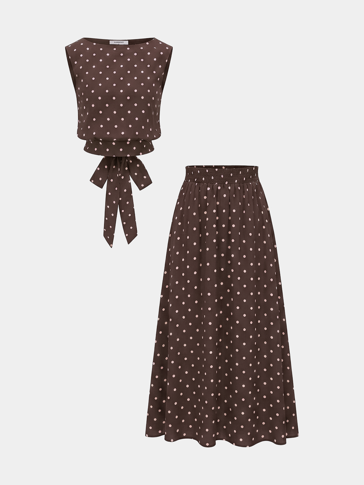 Ensemble haut sans manches et jupe longue à pois