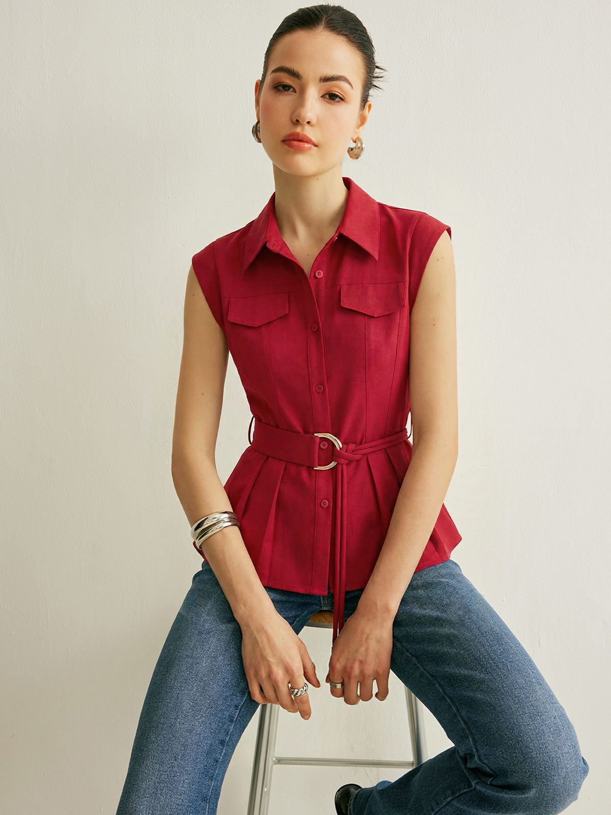 Sleeveless Collared Pleated Hem Belted Blouse
