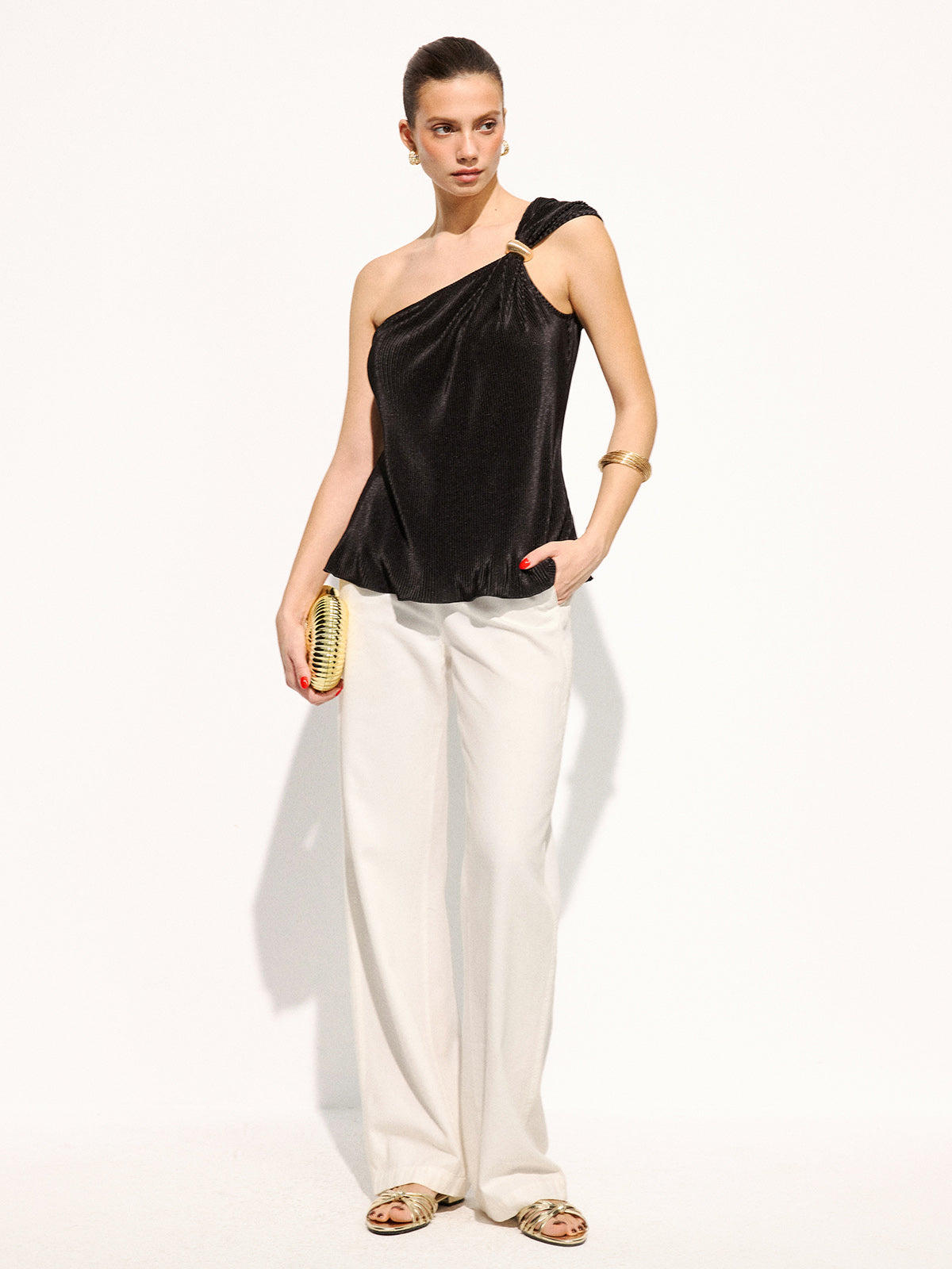 Metal Decor Textured One Shoulder Tank Top